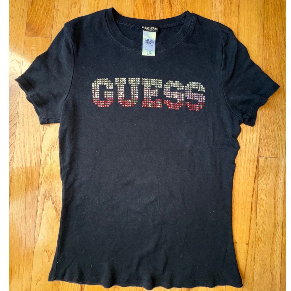 Y2K GUESS JEANS Rhinestone Logo Black Baby Tee Women's XL McBling Fitted Top